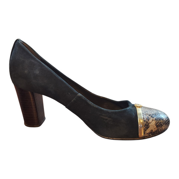 Tory Burch heels sz 8M Pacey black suede gold snake print cap leather pumps - Picture 13 of 14